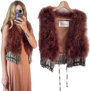 Vintage Ostrich Feather Rabbit Fur Beaded Tassel Festival Boho Gilet Vest